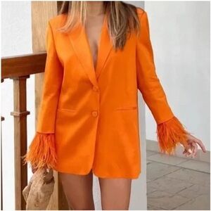 Zara Orange Feather Cuff Blazer